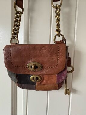 Fossil Patchwork Leather Mini Crossbody Bag Chain Strap Brown Multicolor w Key